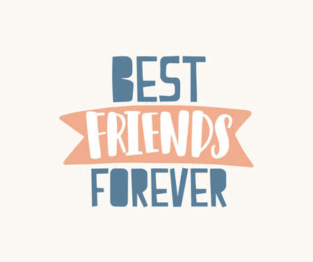 Best Friends Forever quote. Handwritten BFF text with ribbon, lettering composition. Calligraphy art. Hand-written inscription about friendship and besties. Isolated colored flat vector illustrationのイラスト素材