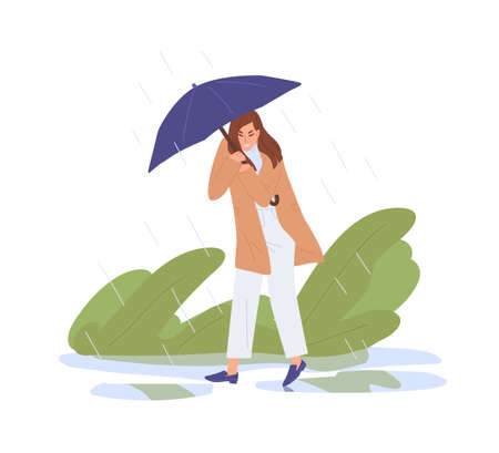 Unhappy person holding umbrella, walking under heavy rain. Bad rainy and windy weather concept. Woman wading through puddles in rainfall. Colored flat vector illustration isolated on white backgroundのイラスト素材