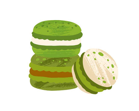 Green tea macaroons with fillings. Japanese macarons with matcha ganache, white chocolate and caramel. Asian natural vegetarian dessert. Isolated colored flat vector illustration of sweet foodのイラスト素材