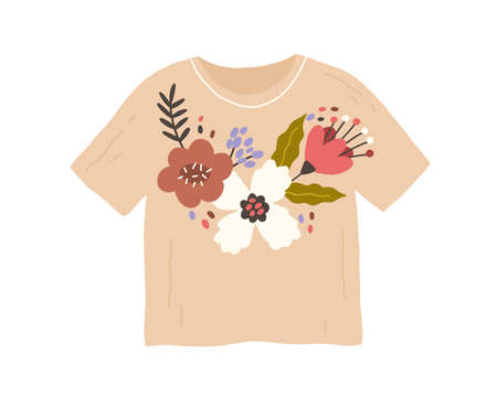 Trendy fashion clothes with handmade flower embroidery in retro style. Customized t-shirt with DIY pattern. Flat vector illustration of unique apparel with needlework isolated on white backgroundのイラスト素材