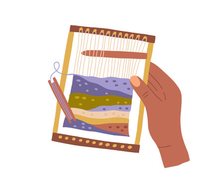 Modern weaving loom in women hand with tool and yarn. Traditional handwork. Handcraft process. Making picture from threads. Colored flat vector illustration isolated on white background.のイラスト素材
