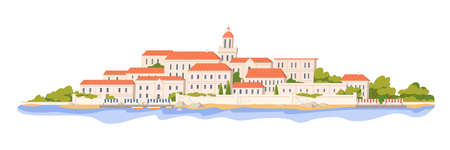 European architecture of southern coastal town. City buildings at sea coast. Cityscape panorama with houses and trees at seashore. Colored flat vector illustration isolated on white backgroundのイラスト素材