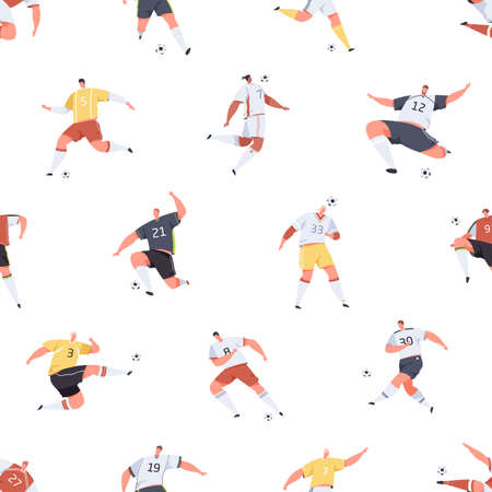 Seamless pattern with footballers playing soccer on white background. Endless repeating texture design with professional football players and ball. Colored flat vector illustration for printingのイラスト素材