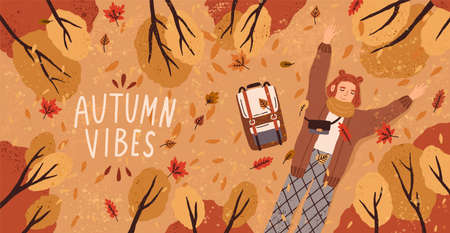Autumn postcard with young happy woman lying on ground with leaves. Cozy fall banner with relaxed person among trees in forest. Cute teenager on September background. Colored flat vector illustrationのイラスト素材