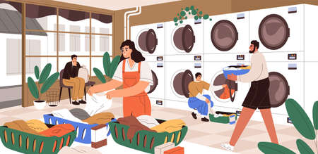 People at public launderette. Self-service   with washing and drying machines. Modern industrial laundry shop with automatic washing machines. Colored flat vector illustration of laundretteのイラスト素材