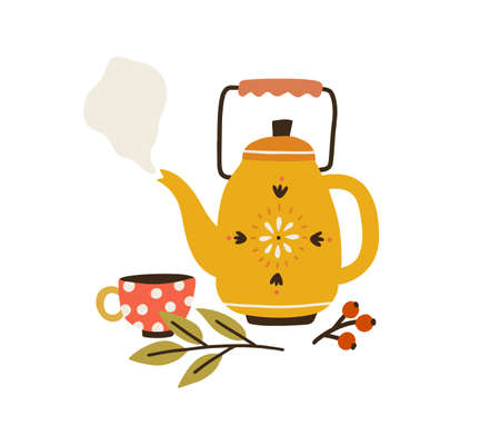 Vintage tea kettle with hot steam, cup and herbs. Rustic teapot with autumn herbal drink, teacup, leaves and berries composition. Colored flat vector illustration isolated on white backgroundのイラスト素材