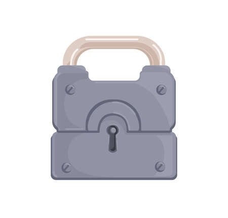 Hanging locked iron padlock with closed metal shackle and keyhole. Realistic protecting mechanism for lockers and safes as symbol of security. Flat cartoon vector illustration isolated on whiteのイラスト素材