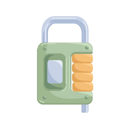 Metal hanging locked padlock with locking pin mechanism and steel shackle. Realistic glossy security object as symbol of protection and safety. Flat cartoon vector illustration isolated on whiteのイラスト素材