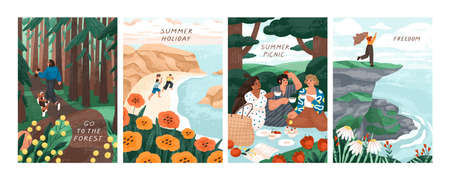 Card set with scenes of people at summer holidays in nature. Vertical postcards with happy women on...