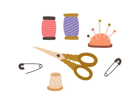 Set of sewing accessories. Thread spools, pad with pins, scissors and thimble. Tailors supplies for needlework. Flat vector illustration of items for handicraft isolated on white backgroundのイラスト素材