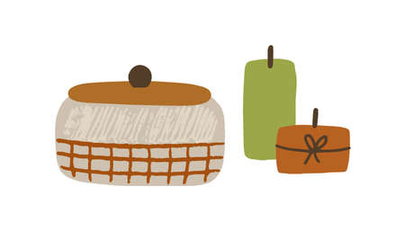 Casket and candles composition. Cozy hygge items for home interior decoration in Scandinavian style. Flat vector illustration of trendy modern objects for indoor decor isolated on white backgroundのイラスト素材