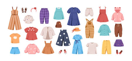 Set of kids casual clothes. Childs garments for summer. Apparel, shoes and accessories for boys and girls. Colored flat vector illustration of dress, pants, jumpsuit isolated on white backgroundのイラスト素材