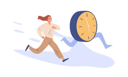 Concept of deadline and time pressure. Busy person and clocks running. Office worker trying to keep up with schedule and plan, doing it under the wire. Flat vector illustration isolated on whiteのイラスト素材