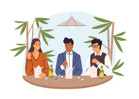 People with boxes of takeaway Asian food at dining table. Colleagues at lunch break in office, eating and talking together. Colored flat vector illustration isolated on white backgroundのイラスト素材