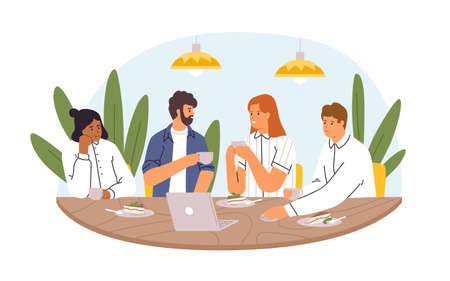Colleagues sitting at dining table at coffee break, chatting and discussing business together. Team of people eating cake in office. Colored flat vector illustration isolated on white backgroundのイラスト素材