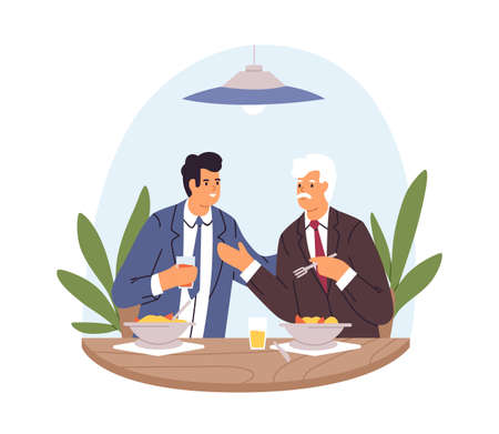 People in suits eating and talking at business lunch. Businessmen at meeting in restaurant. Office workers at dinner in cafe. Colored flat vector illustration isolated on white backgroundのイラスト素材