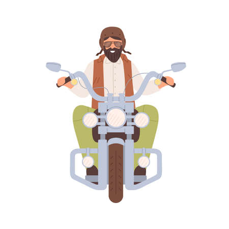 Happy bearded man sitting on naked  in retro style. Front view of biker traveling on motorcycle. Colored flat vector illustration of person in helmet on motorbike isolated on white backgroundのイラスト素材