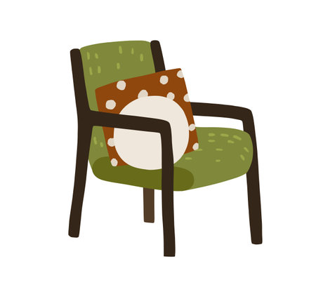 Trendy chair with cushions. Armchair with wooden arms and legs, upholstery and pillows. Furniture in retro mid-century style. Colored flat vector illustration isolated on white backgroundのイラスト素材