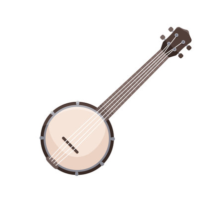 Banjo, stringed acoustic wooden banjo with fretboard. African-American music instrument. Colored flat cartoon vector illustration isolated on white backgroundのイラスト素材
