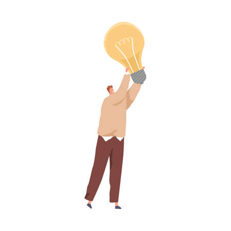 Person holding huge lightbulb as symbol of creative idea. Businessman and light bulb. Concept of creativity, insights, and inspiration. Colored flat vector illustration isolated on white backgroundのイラスト素材