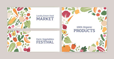 Set of banner and card designs with fresh organic vegetables and greens. Healthy farm food on white backgrounds for local market and veggie festival advertising. Colored flat vector illustrationのイラスト素材