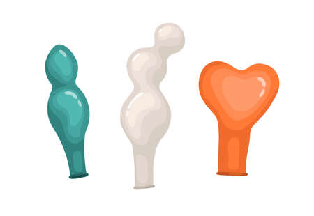 Empty deflated rubber air balloons. Uninflated latex ballons of various colors and shapes. Not inflated baloons for decoration. Flat vector illustration of inflatable decor isolated on whiteのイラスト素材