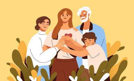 Concept of family support and care. Love and trust between woman and her parents. Happy mother, father, daughter and son hugging and holding hands together. Colored flat vector illustrationのイラスト素材