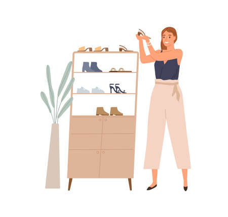 Happy woman holding and looking at fashion pair of heeled shoes and admiring them. Female with perfect women footwear in hands during shopping. Flat vector illustration isolated on white backgroundのイラスト素材