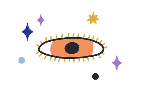 Esoteric evil eye with eyelashes in doodle style. Mystical spiritual eyeball watching. Sacred greek amulet among stars. Colored flat vector illustration isolated on white backgroundのイラスト素材
