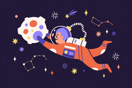Child astronaut in spacesuit travel in cosmos. Cosmonaut flying and floating in outer space with...