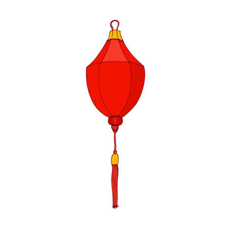 Festive Chinese paper lantern. Hanging red street lamp with fringe in China. Asian traditional holiday decoration with loop. Drawn vector illustration of Japanese decor isolated on white backgroundのイラスト素材