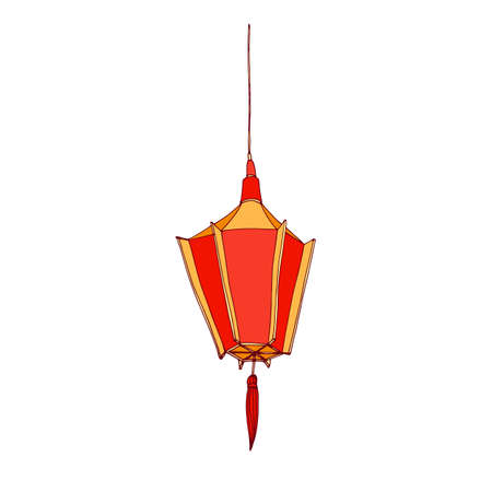 Festive Chinese paper lantern. Hanging street red lamp in China. Asian decorative hexagonal light with fringe. Oriental holiday ornament. Drawn vector illustration isolated on white backgroundのイラスト素材