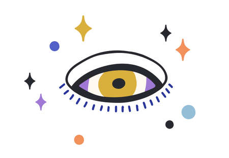 Composition of esoteric evil eye with stars around. Magic holy eyeball with eyelashes in doodle...