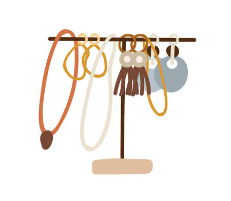 Jewelry holder with different female accessories. Necklaces, earrings and pendants. Hand-drawn jewellery stand. Colored flat vector illustration isolated on white backgroundのイラスト素材