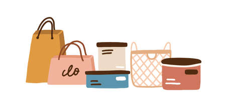 Collection of containers for storage. Branded parcels, packets, paper bags, baskets and cardboard boxes. Colored flat vector illustration isolated on white backgroundのイラスト素材