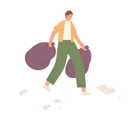 Volunteer carrying trash bags full of collected litter. Eco-activist holding trashbags in hands with street garbage. Activity for cleaning environment. Flat vector illustration isolated on whiteのイラスト素材