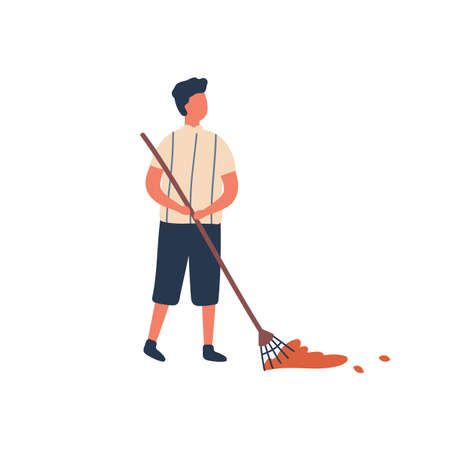 Man cleaning fallen leaves flat vector illustration. Young rancher, farm worker cartoon character. Farmer holding garden rakes isolated on white background. Seasonal farming chores, rural lifestyleのイラスト素材