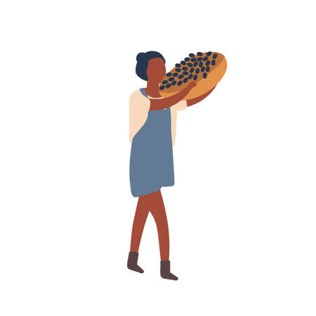 Woman carrying fruit harvest flat vector illustration. Summer and autumn crop gathering. Dark skin female farmer holding basket with grapes cartoon character. Organic berry buying design elementのイラスト素材