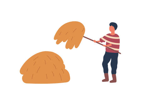 Farmer making haystack flat vector illustration. Faceless rancher, farm worker with pitchfork cartoon character. Village, farmland design element. Rural economy, farming, husbandry chore conceptのイラスト素材