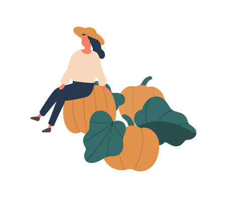Girl gathering pumpkins flat vector illustration. Woman sitting on gourd isolated design element. Female gardener cartoon character. Fall seasonal vegetable crop, organic farm produceのイラスト素材