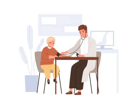 Kid patient visiting doctor in hospital office. Pediatrician checking and measuring blood pressure of child. Scene of boy at physician. Colored flat vector illustration isolated on white backgroundのイラスト素材