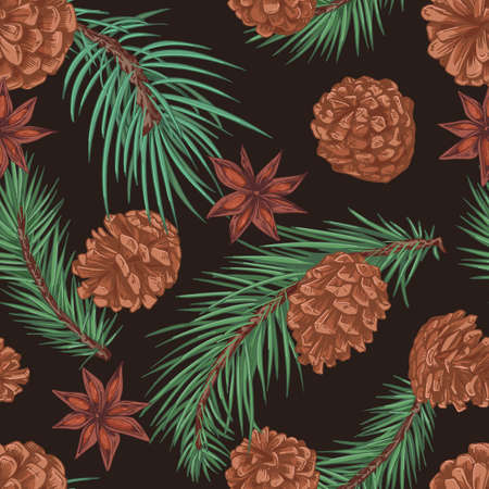 Seamless winter pattern with fir and spruce tree branches, cones and anises on black background. Repeatable coniferous texture in vintage style. Colored hand-drawn vector illustration for printingのイラスト素材