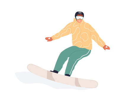 Happy snowboarder riding snowboard. Active person in winter equipment and glasses sliding on snow board. Flat vector illustration of sports activity isolated on white backgroundのイラスト素材