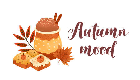 Pumpkin spice latte and biscuits flat vector illustration. Fall season dessert and drink composition with lettering. Hot chocolate and cakes on white background. Autumn mood greeting card design.のイラスト素材