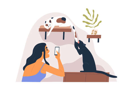 Pet owner taking mobile photo of her cute playful cats at home. Person shooting with smartphone her funny kitties. Feline animals fooling and playing. Flat vector illustration isolated on whiteのイラスト素材