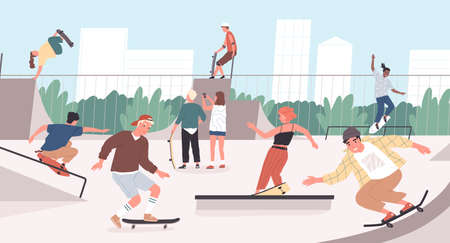 Happy teenage boys and girls or skateboarders riding skateboards at skatepark. Young men and women skateboarding and performing tricks on funboxes at skate park. Flat cartoon vector illustration.のイラスト素材