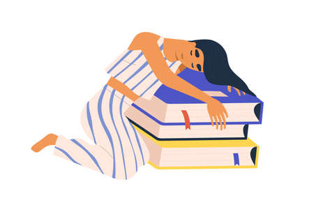 Sleepy woman lying over books and sleeping. Student resting after studying and reading. Asleep reader with academic literature. Education concept. Flat vector illustration isolated on white backgroundのイラスト素材