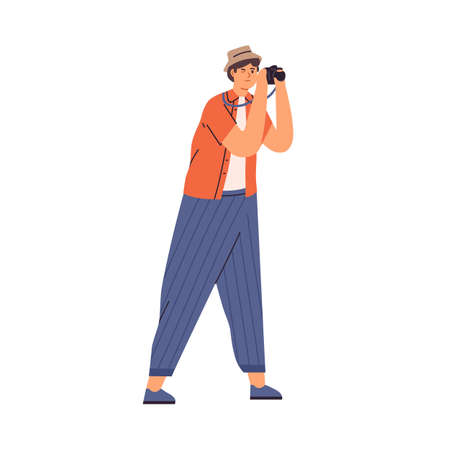 Young tourist holding camera and taking photo during sightseeing. Man shooting at trip. Travel photographer. Flat vector illustration of male traveler in hat isolated on white backgroundのイラスト素材