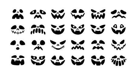 Set of scary Halloween faces with different expressions and emotions. Evil pumpkins eyes and mouths. Stencils of creepy monsters silhouettes. Flat vector illustration isolated on white backgroundのイラスト素材