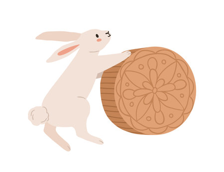 Cute rabbit with moon cake for mid-autumn festival in Japan. Bunny with hold traditional festive mooncake for Chinese holiday. Flat vector illustration of hare and cookie isolated on white backgroundのイラスト素材